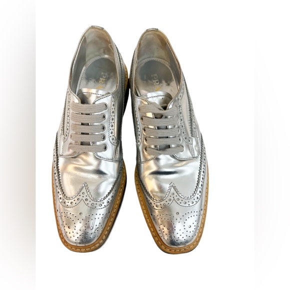 Prada Metallic Silver Brogue Leather Platform Low Top Sneakers - Picture 3 of 9